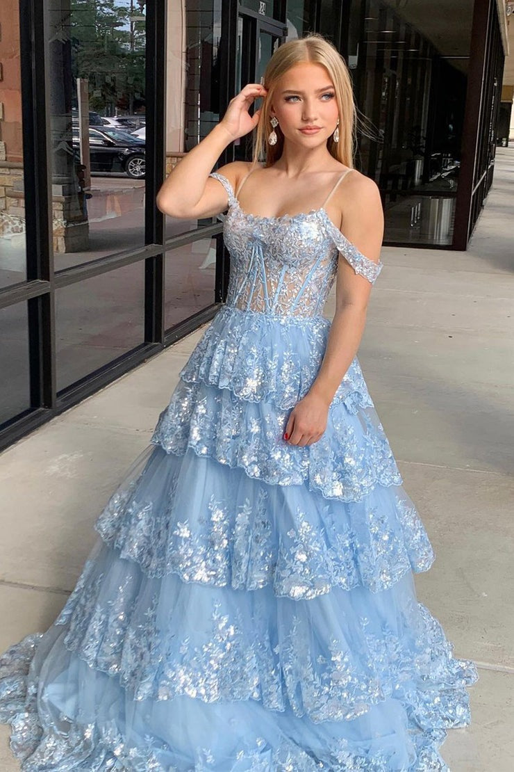 Blue A-Line Cold Shoulder Tiered Sequin Lace Long Prom Dresses, PD25619