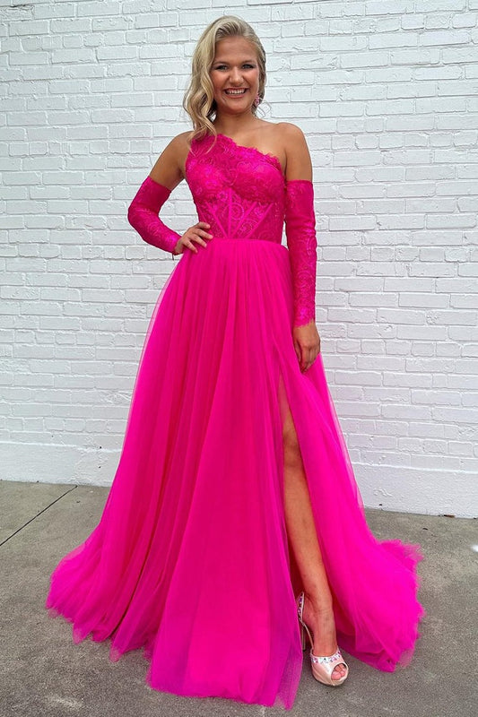 Hot Pink Tulle A - Line Long Prom Dress with Detachable Long Sleeves and Lace, PD25510