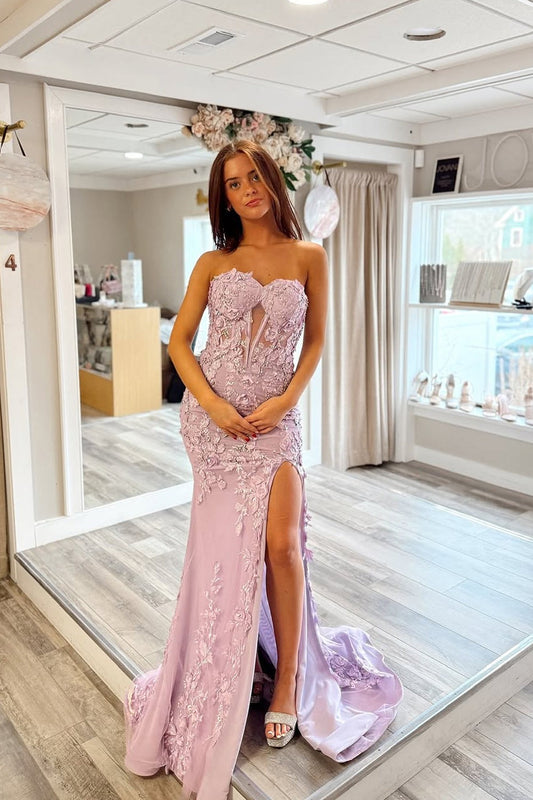 Lilac Strapless Mermaid Long Prom Dress with Appliques, PD25800