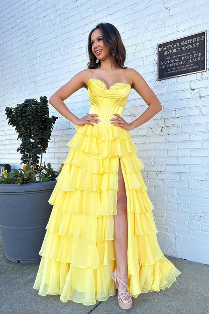 Light Blue A Line Sweetheart Tiered Chiffon Prom Dress with Slit, PD25780