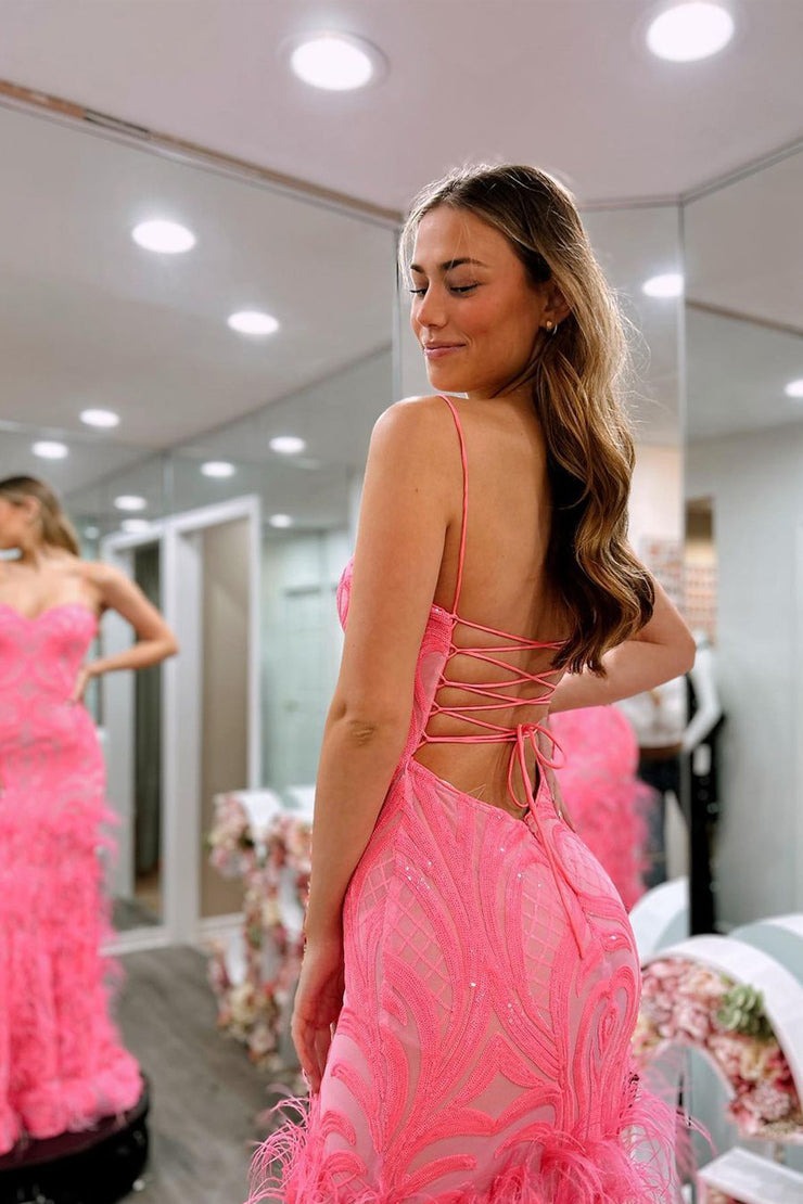Pink Sequins Lace Sweetheart Long Prom Dresses with Feather, PD25468