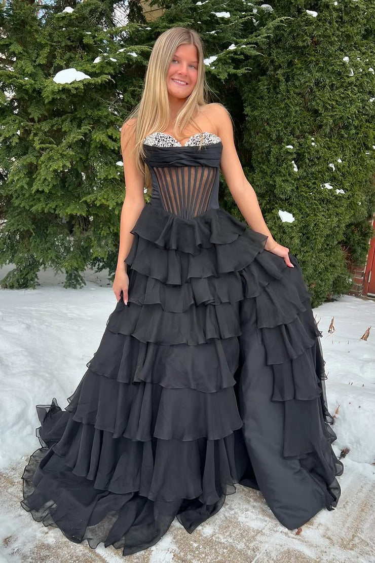Black Sweetheart Tiered Chiffon Prom Dress at JLDressCA