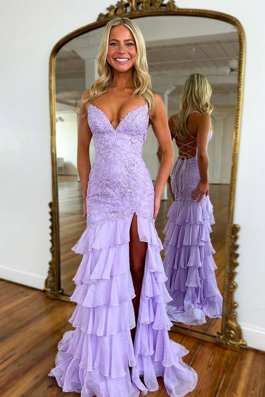 Lavender Chiffon Mermaid V Neck Tiered Cute Prom Dress with Appliques, PD25499