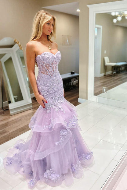 Tulle Mermaid Sweetheart Charming Long Prom Dresses with Appliques, PD25488