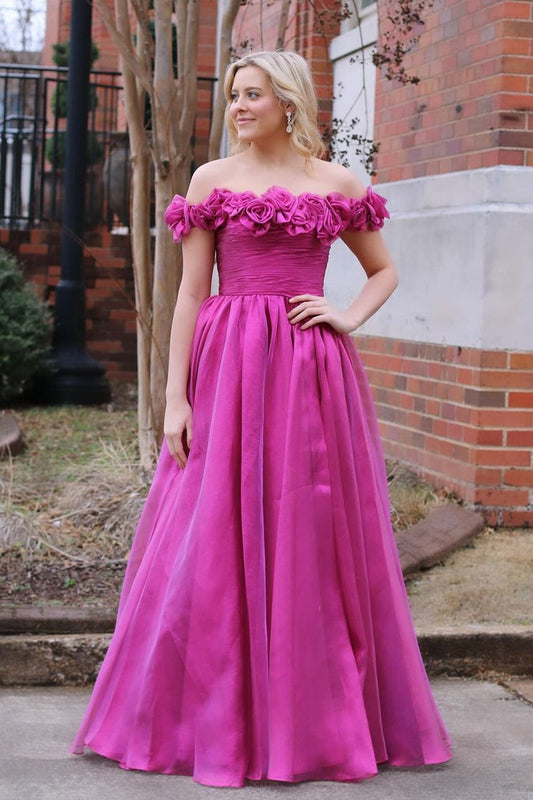 Fuchsia Tulle Off the Shoulder Long Prom Dresses, PD25600