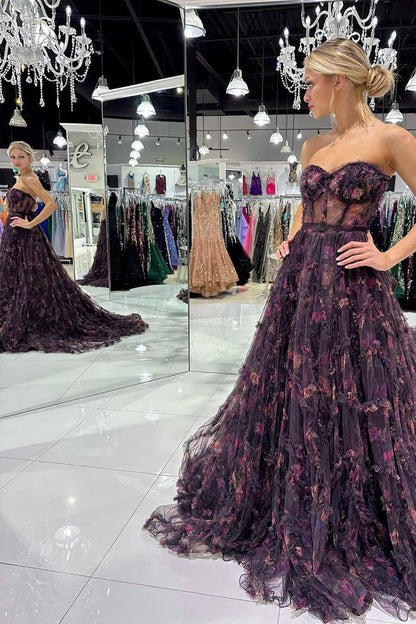 Floral Printed Black Strapless Tulle Long Prom Dress, PD25317