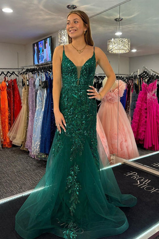 Green Sequins Lace Mermaid V Neck Long Prom Dress, PD25314