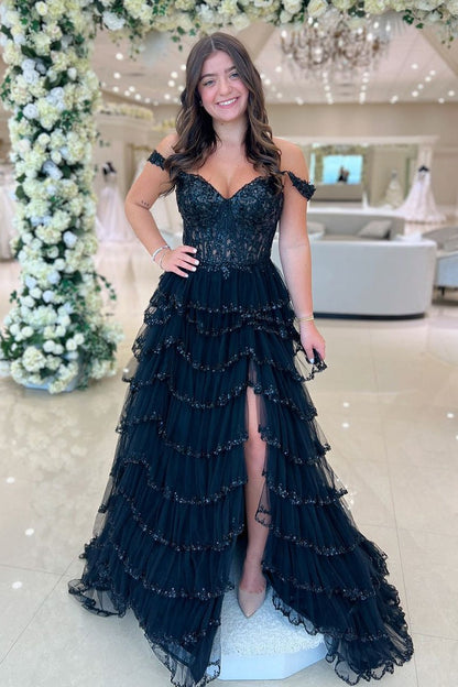 Sweetheart A Line Black Tulle Prom Dresses with Beading, PD25054