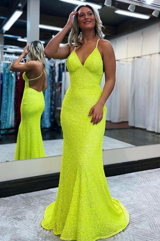 V Neck Mermaid Yellow Sequins Long Prom Dresses, PD25082