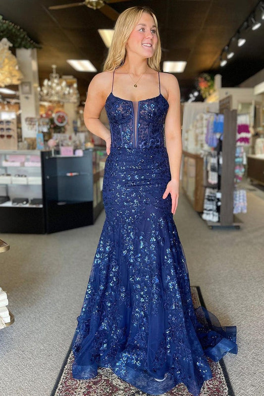 Navy Blue Sequins Appliques Mermaid Scoop Neck Long Prom Dress, PD25419