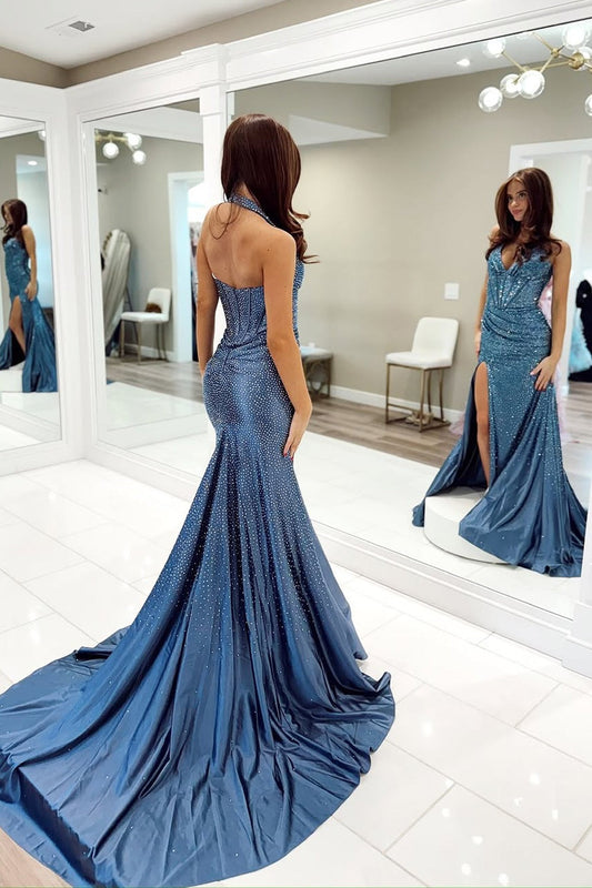 Navy Halter Mermaid Satin Beads Long Prom Dress with Slit, PD25818