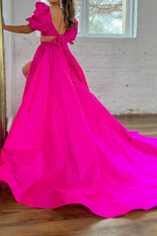 Hot Pink A - Line Long Prom Dress with Short Sleeves and Slit, PD25648