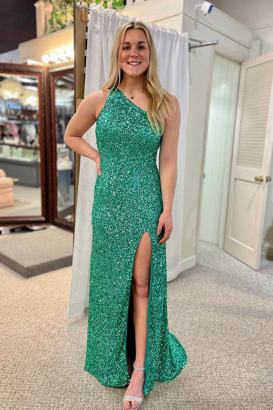 Green Mermaid One Shoulder Sequins Long Prom Dress, PD25579