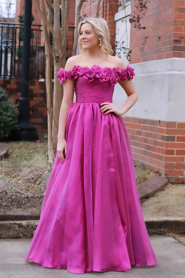 Fuchsia Tulle Off the Shoulder Long Prom Dresses, PD25600