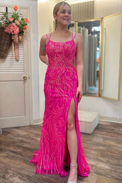 Fuchsia Sequins Lace Mermaid Scoop Neck Long Prom Dress, PD25430