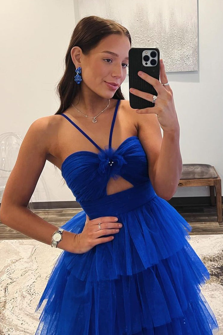 Royal Blue Ruffle Tiered A-Line Keyhole Tulle Long Prom Dresses, PD25399