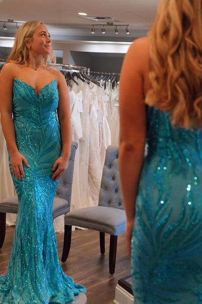 Blue Sequins Appliques Mermaid Strapless Long Prom Dress, PD25370