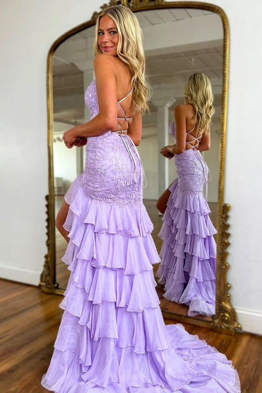 Lavender Chiffon Mermaid V Neck Tiered Cute Prom Dress with Appliques, PD25499