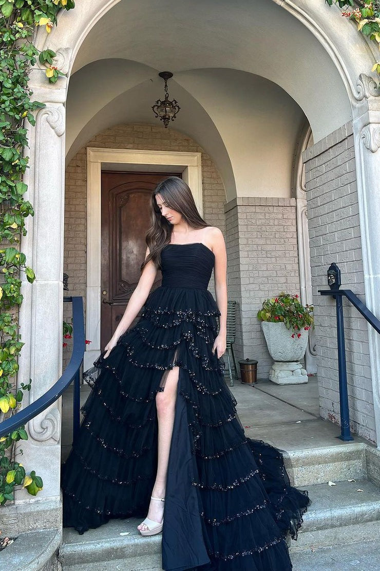 Black Strapless Tiered Tulle Long Prom Dresses, PD25609