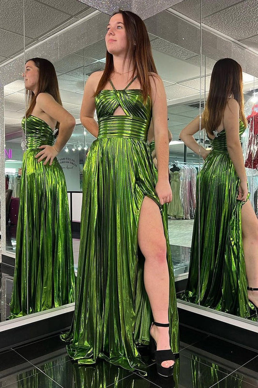 Sage Green Halter Keyhole Slit Long Prom Dresses, PD25719
