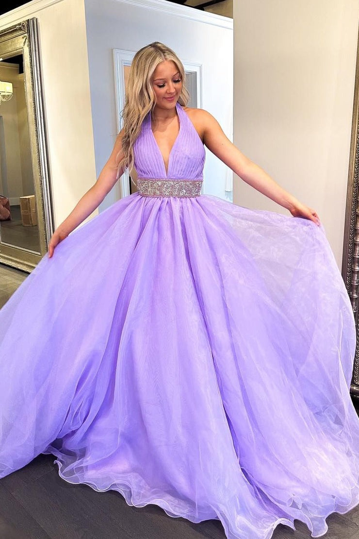 Lilac Organza A-Line Halter Long Prom Dresses with Beadings, PD25478