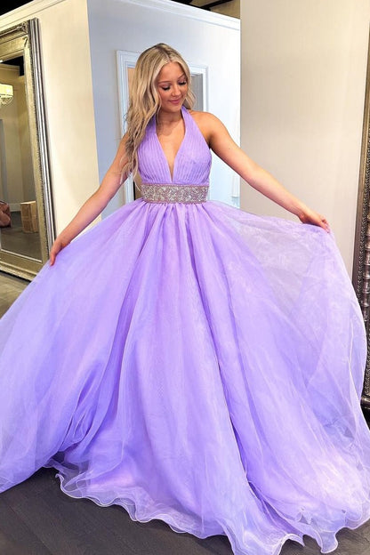 Lilac Organza A-Line Halter Long Prom Dresses with Beadings, PD25478