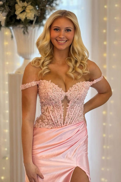 Blush Off the Shoulder Mermaid Satin Prom Dress with Appliques, PD25750