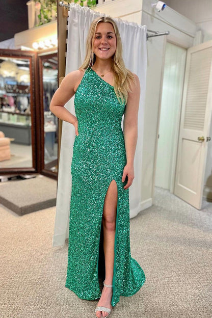 Green Mermaid One Shoulder Sequins Long Prom Dress, PD25579