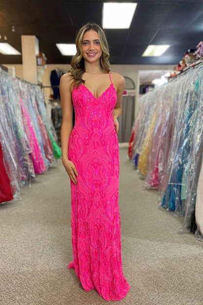 Fuchsia Sequins Mermaid V Neck Lace Long Prom Dress, PD25460