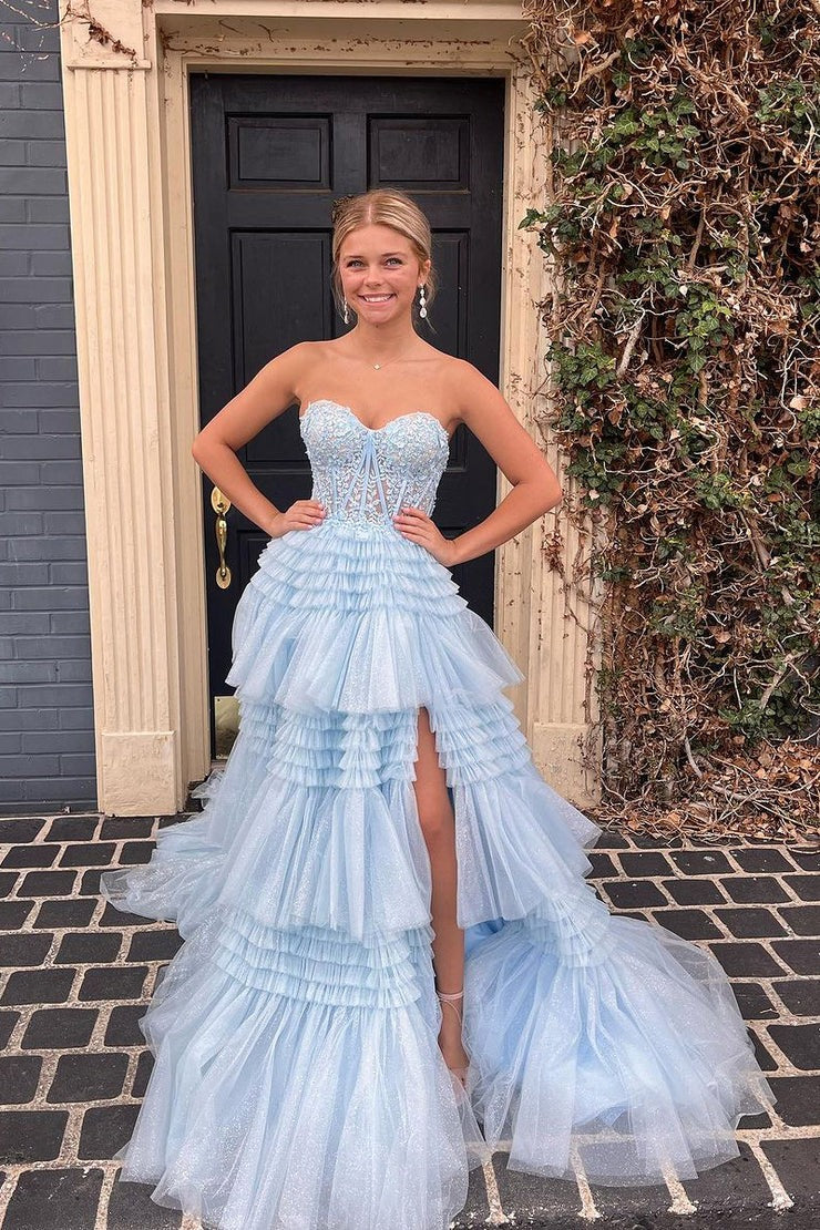 Strapless A Line Blue Ruffle Tiered Tulle Long Prom Dress with Appliques, PD25114