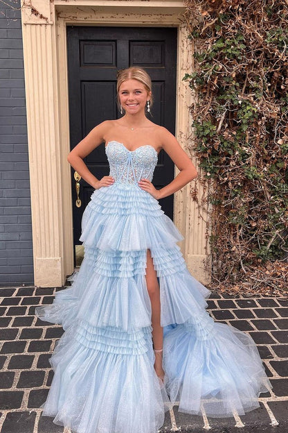 Strapless A Line Blue Ruffle Tiered Tulle Long Prom Dress with Appliques, PD25114