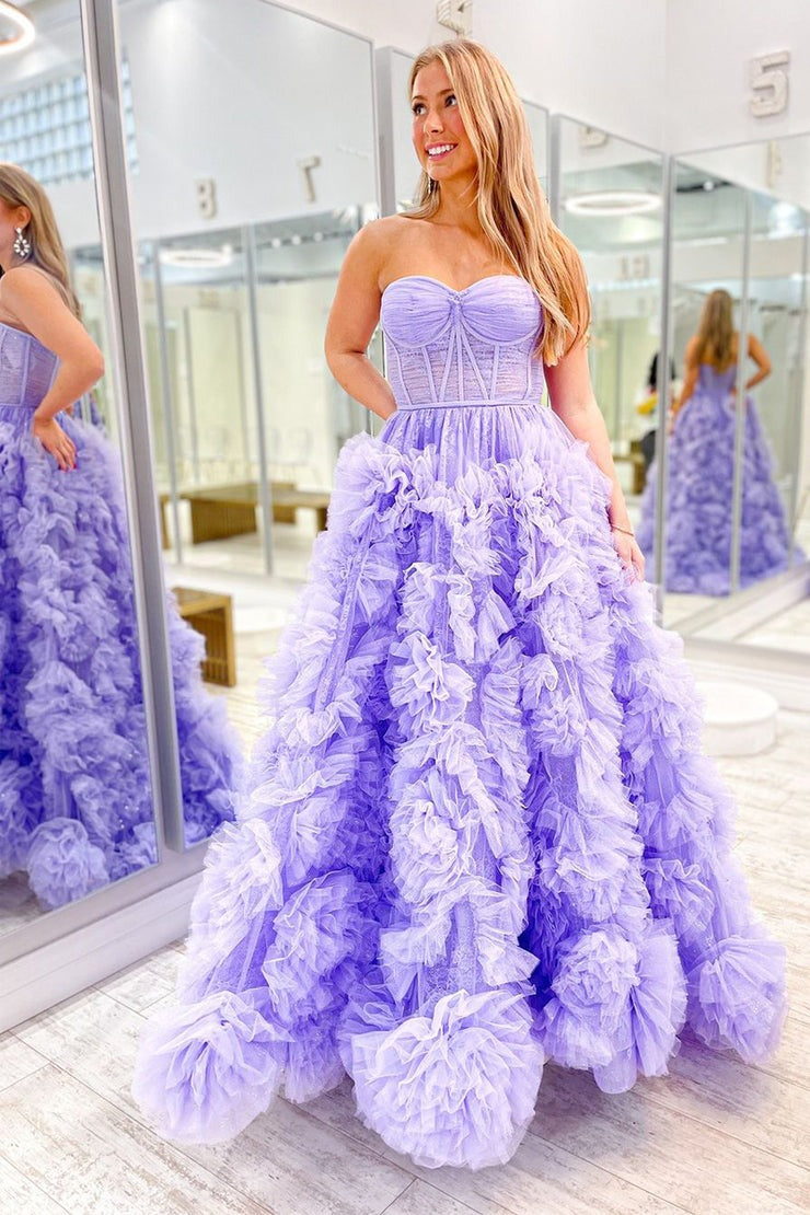 strapless open back dress Strapless Lilac Ruffle Tiered Tulle Long Prom Dress