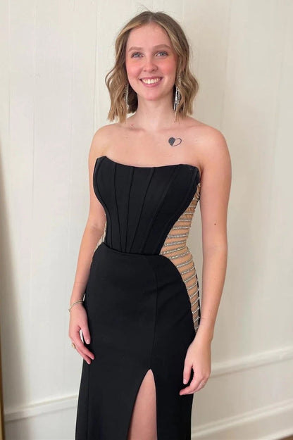 Black Strapless Mesh Beaded Mermaid Long Formal Dress with Slit, PD25658