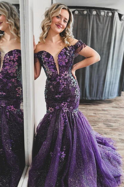 Grape Off the Shoulder Mermaid Sequin Lace Long Prom Dress, PD25700