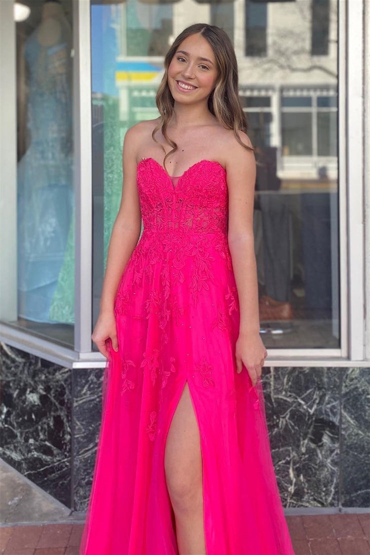 Hot Pink Strapless A-line Floral Appliques Long Prom Dress with Slit, PD25708