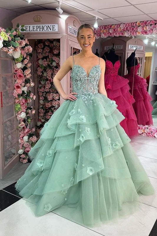 Green Sweetheart Tiered Ruffle Long Prom Dresses with Appliques, PD25539