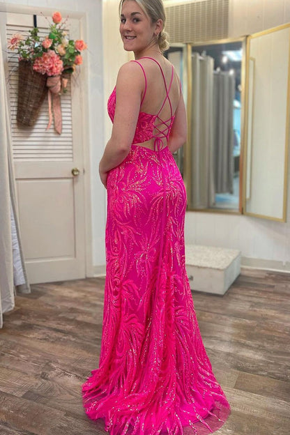 Fuchsia Sequins Lace Mermaid Scoop Neck Long Prom Dress, PD25430