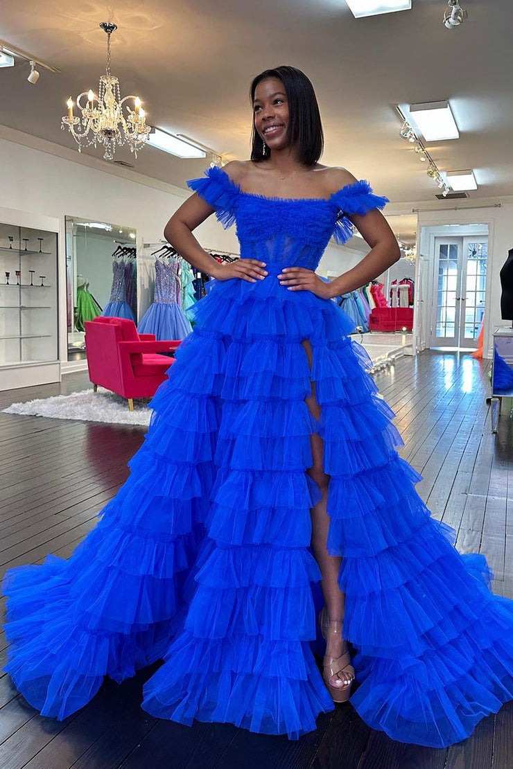 Royal Blue Tulle Off the Shoulder Ruffle Tiered Long Prom Dresses, PD25479