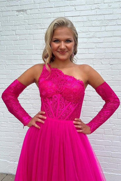 Hot Pink Tulle A - Line Long Prom Dress with Detachable Long Sleeves and Lace, PD25510