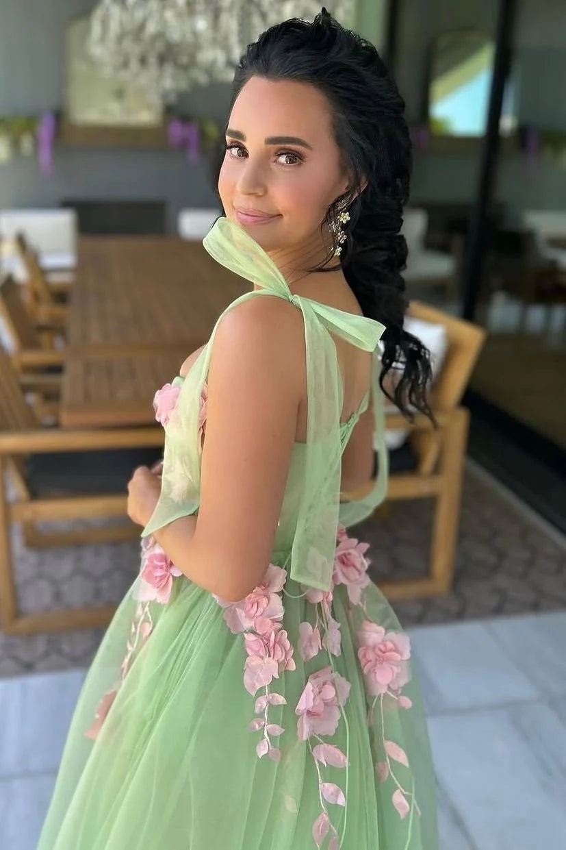 Sage Green A Line Sweetheart Tulle Long Prom Dress with Appliques, PD25768