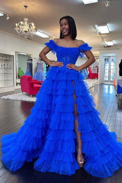 blue tulle tiered dress Sparkly Blue Tulle Homecoming Dresses Off Shoulder Tiered Short Gradua –  Viniodress main image 1