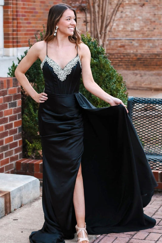 Black V-Neck Rhinestone Long Formal Dress with Attached Train, PD25689