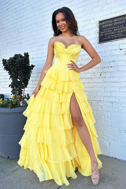 Light Blue A Line Sweetheart Tiered Chiffon Prom Dress with Slit, PD25780