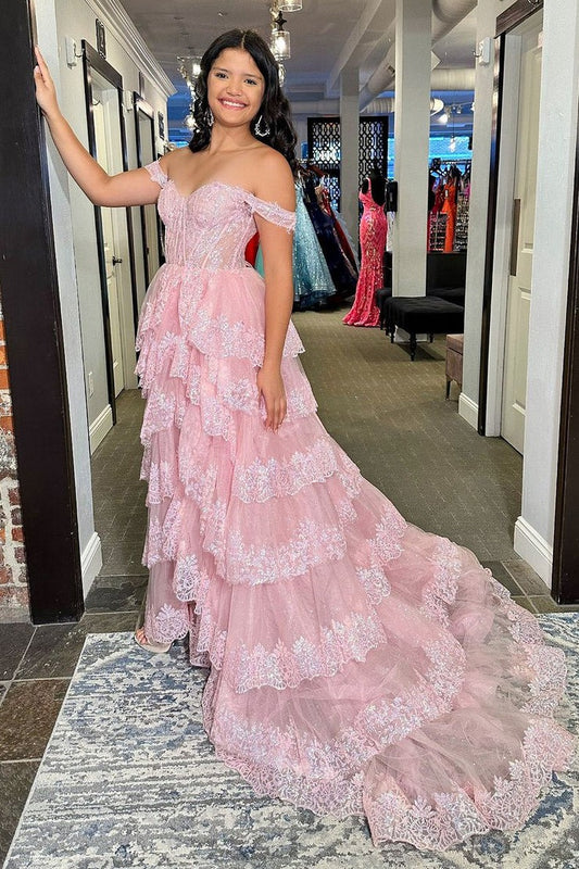 Pink Off the Shoulder Tiered Tulle Lace Long Prom Dress with Slit, PD25789