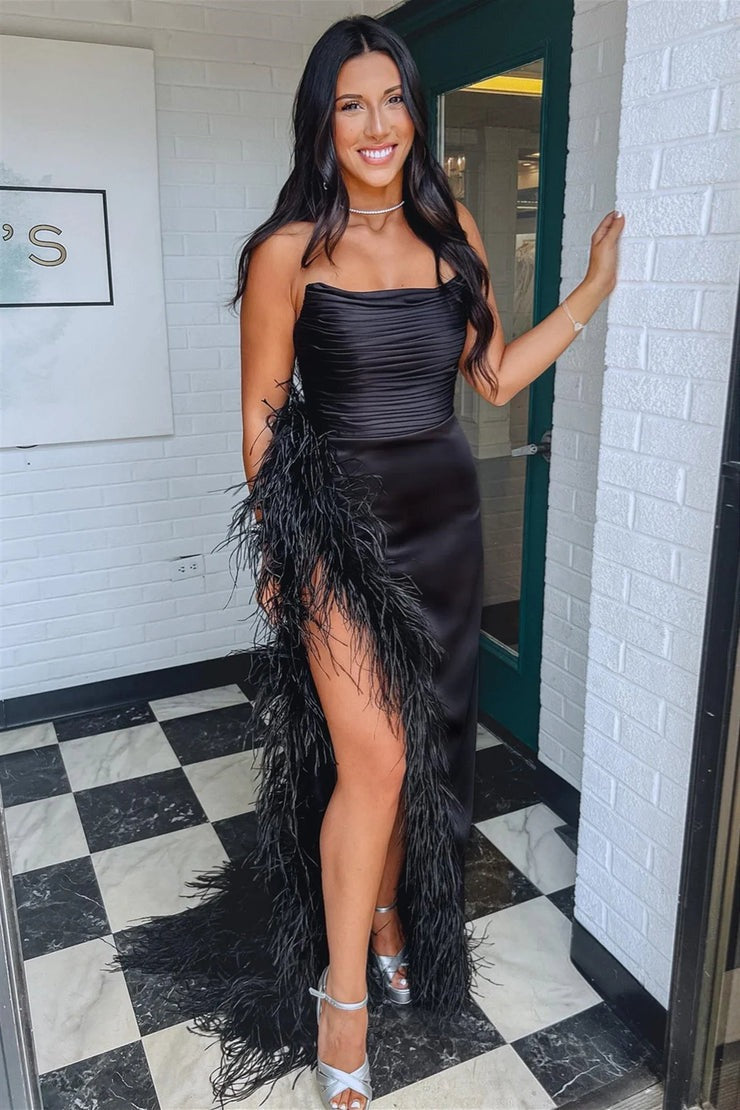 Black Strapless Satin Mermaid Long Prom Dress with Feather - Trimmed Slit, PD25668