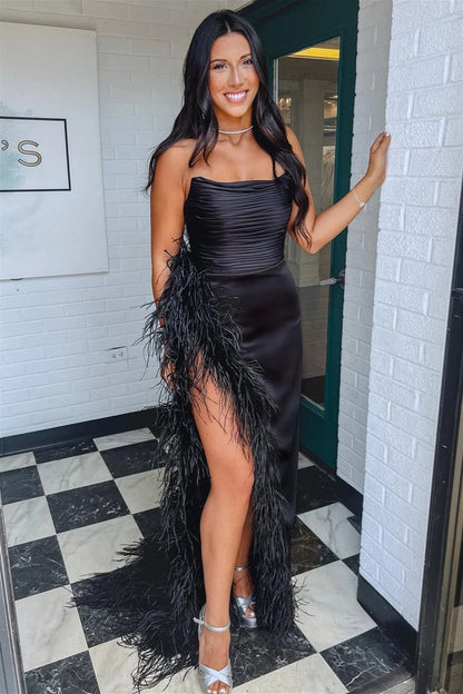 Black Strapless Satin Mermaid Long Prom Dress with Feather - Trimmed Slit, PD25668