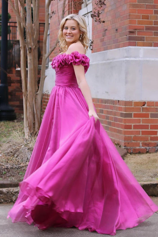 Fuchsia Tulle Off the Shoulder Long Prom Dresses, PD25600