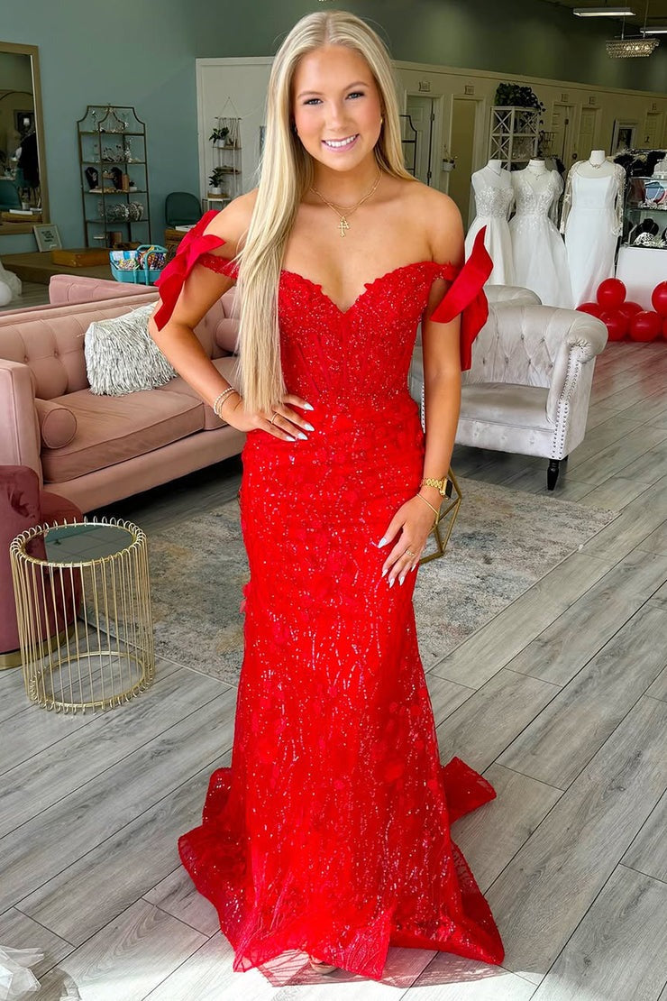 Red Mermaid Off - the - Shoulder Sequins Fashion Prom Dress, PD25567