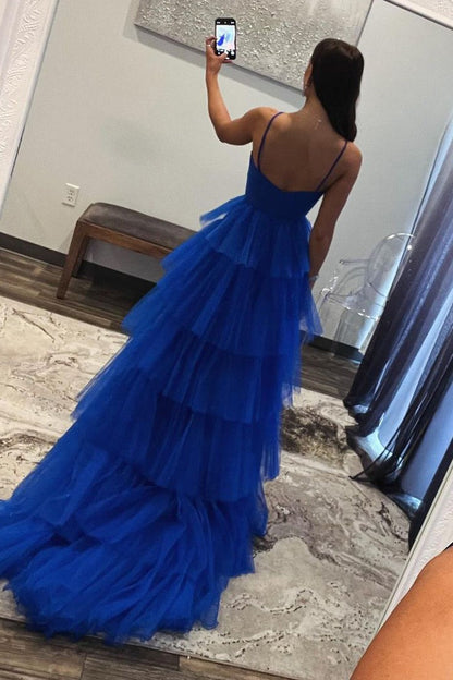 Royal Blue Ruffle Tiered A-Line Keyhole Tulle Long Prom Dresses, PD25399