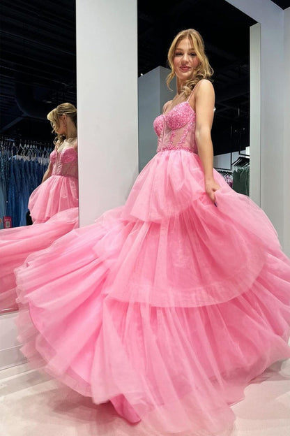 Sweetheart Pink Ruffle Tiered Tulle Prom Dress, PD25141